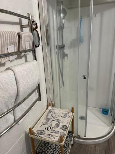 a bathroom with a shower and a chair with a table at Lucky house in Auckland