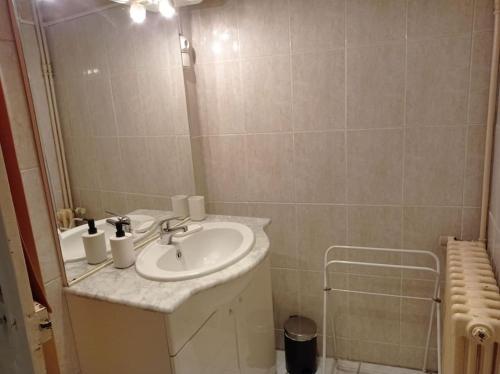ein Bad mit einem Waschbecken und einem Spiegel in der Unterkunft Appartement centre Saulieu in Saulieu