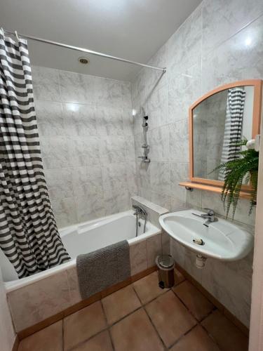 a bathroom with a sink and a bath tub and a mirror at Le moulin du château in Blain