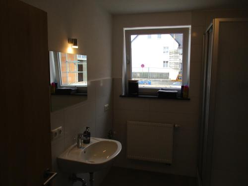 een badkamer met een wastafel en een raam bij PARSBERGER FERIENWOHNUNG in Parsberg