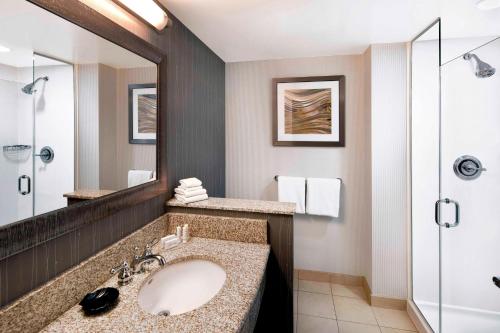 a bathroom with a sink and a mirror and a shower at Courtyard Indianapolis Downtown in Indianapolis