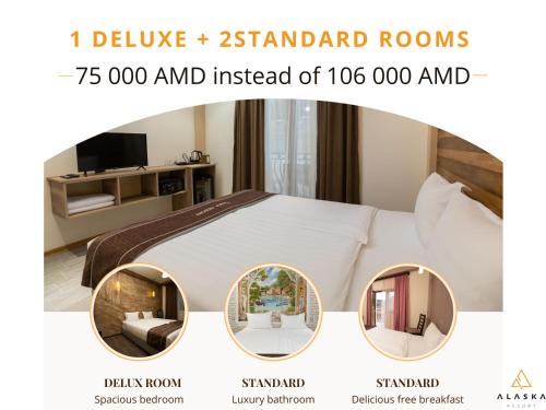 a poster of a bedroom with a bed and a mirror at Alaska Resort in Tsaghkadzor