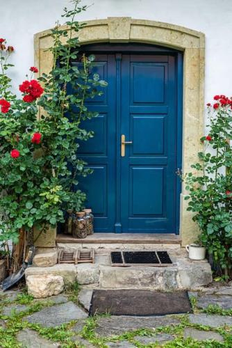 a blue door on a house with red roses at Stodola Ve Žlebě in Budětsko