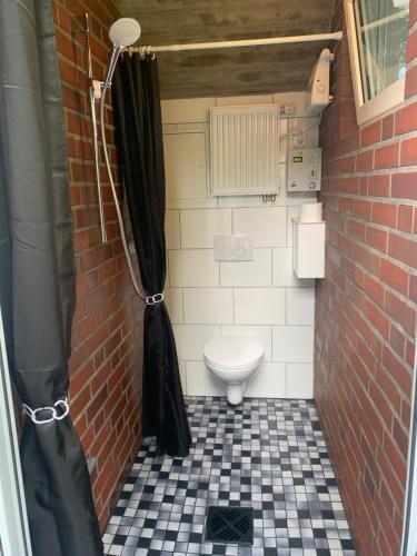 a small bathroom with a toilet and a shower at Erlebnishof Reekenfeld Wohnmobilstellplatz in Barßel