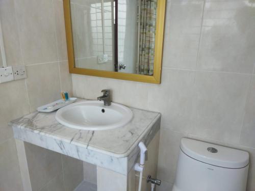 a bathroom with a sink and a toilet and a mirror at Hotel West Valley Dhaka in Dhaka