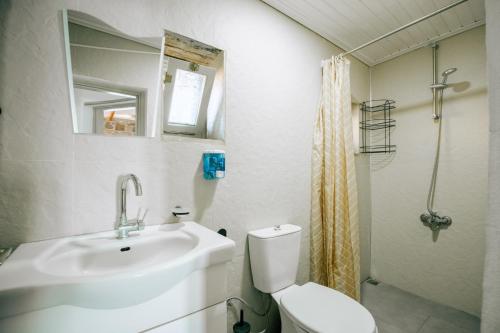 uma casa de banho com um lavatório, um WC e um chuveiro em Unique Cunda Experience Stone House w Private Bay 