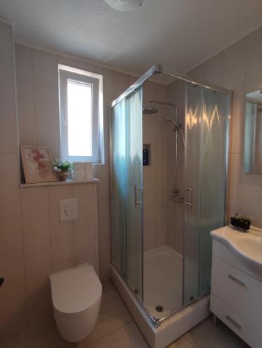 a bathroom with a shower and a toilet and a sink at Apartman Bor s velikom terasom idealan za boravak s obitelji in Livno