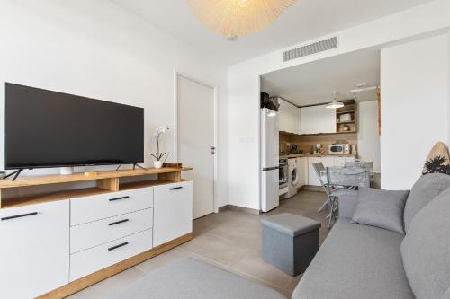 un salon avec une télévision à écran plat sur un comptoir dans l'établissement Le Corinthe - Appt classé 3 étoiles et climatisé, à Marseillan