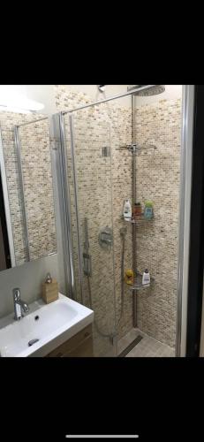 y baño con ducha, lavamanos y ducha. en Maisons-Alfort superbe appartement de standing, en Maisons-Alfort