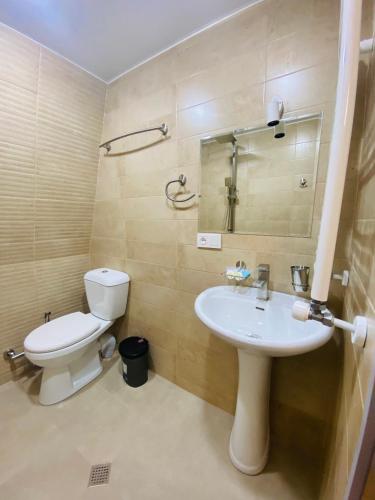 a bathroom with a white sink and a toilet at HOTEL SUNRISE in Kutaisi