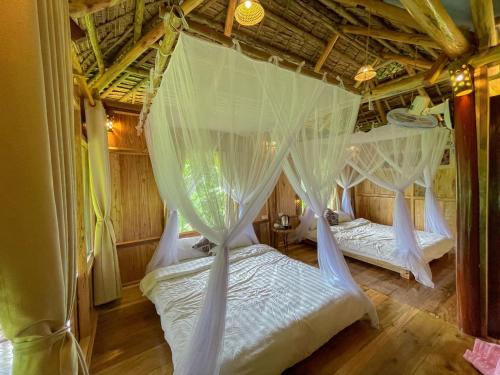 a bedroom with two beds with mosquito netting at Pu Luong - Duy Phuong Homestay in Thanh Hóa