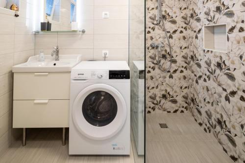 a bathroom with a washing machine and a sink at Aparthouse Jana Breg in Žirovnica