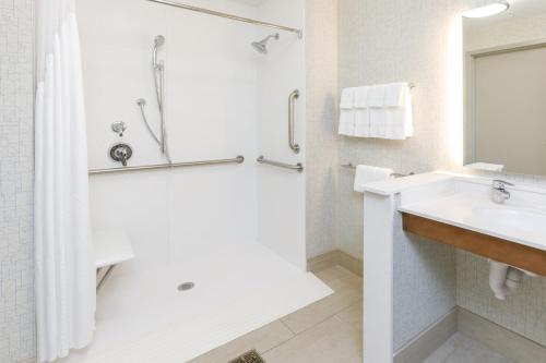 a bathroom with a sink and a shower at Holiday Inn Express & Suites - Sturbridge by IHG in Sturbridge