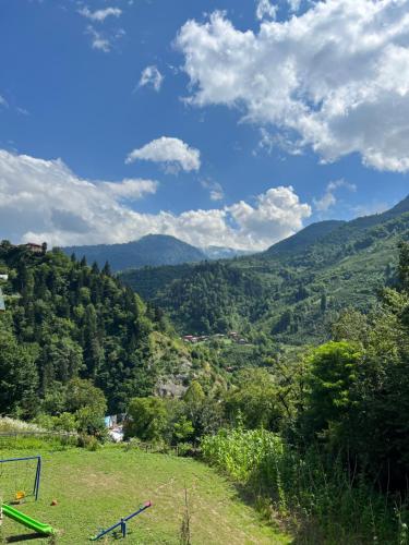 Camili的住宿－Macahel dağ evi，享有远处山谷和山脉的美景