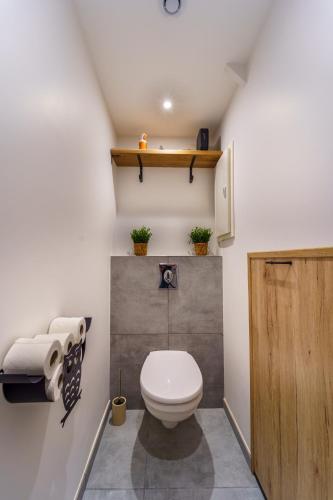 une salle de bain avec des toilettes blanches dans une chambre dans l'établissement Maison calme avec terrasse garage centre-ville B, à Dijon