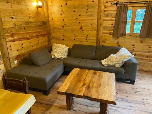 a living room with a couch and a coffee table at Vikendica Milošević in Arandjelovac