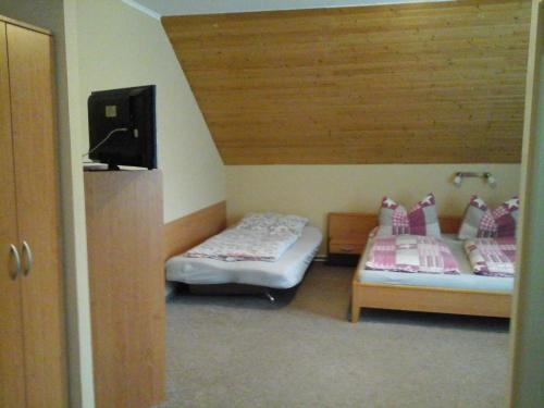 a room with two beds and a tv in it at Penzion Adam - Makov in Makov