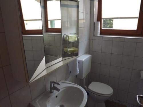 uma casa de banho com um lavatório, um WC e um espelho. em FEWO CELINE em Wasserhofen