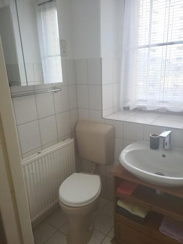 ein weißes Bad mit einem WC und einem Waschbecken in der Unterkunft Monteurzimmer 