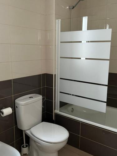 a bathroom with a toilet and a bath tub at SHERRY VI Apartamentos in Jerez de la Frontera