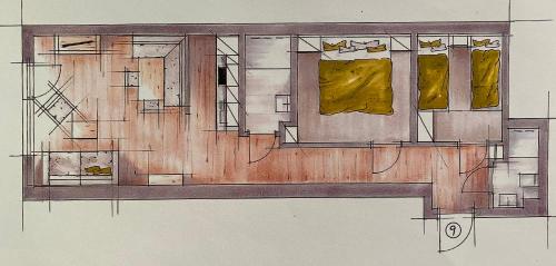 a drawing of a room with yellow curtains at Haus Alpenglühen in Ehrwald