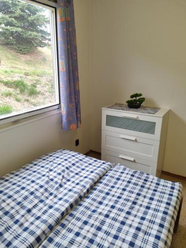 a bedroom with a bed and a window at BUNGALOVY U RYBNÍKA in Olbramkostel