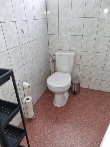 a bathroom with a toilet in a tiled room at BUNGALOVY U RYBNÍKA in Olbramkostel