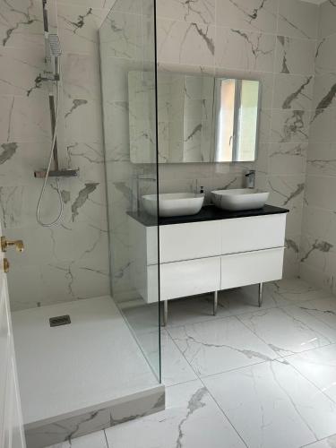 une salle de bain avec un lavabo et un miroir dans l'établissement Sweethome – La Jacqueminière, à Courtenay