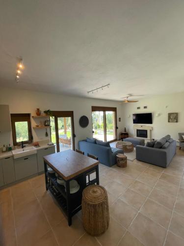 a living room with a couch and a table at Paralia Homes cheerful 2 bedroom with pool, unit #1 in Kriopigi