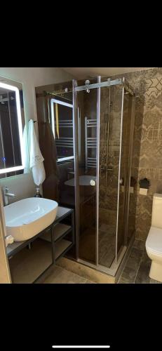 La salle de bains est pourvue d'une douche, d'un lavabo et de toilettes. dans l'établissement Apartment VR home hilly side, à Tsaghkadzor