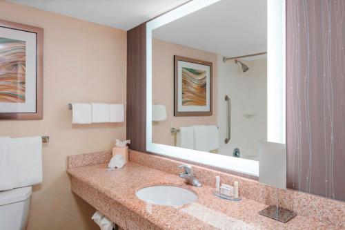 a bathroom with a sink and a large mirror at Courtyard by Marriott Killeen in Killeen