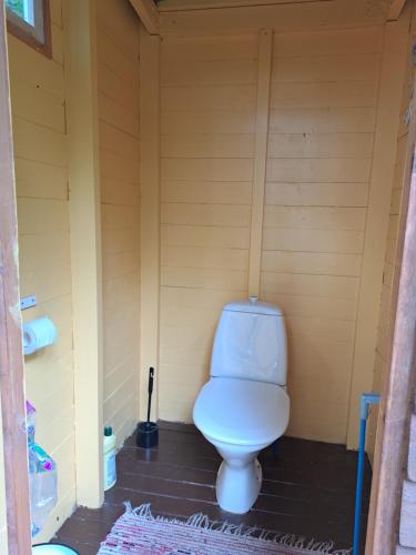 a bathroom with a toilet in a small room at Rantamökki Naava in Hämeenlinna