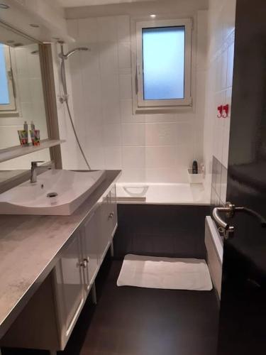 une salle de bain blanche avec un lavabo et une douche dans l'établissement Le Petit Nid, à Saint-Loubès