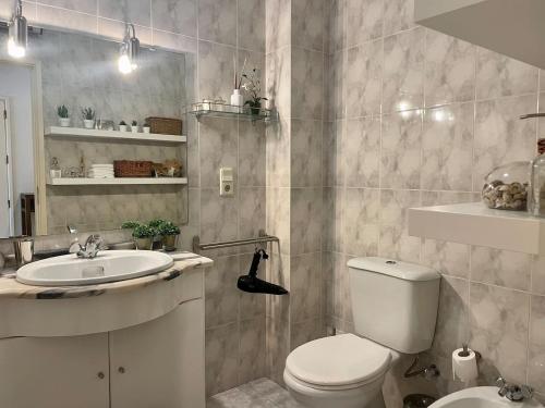 a bathroom with a toilet and a sink at Apartamento Ofir in Fão