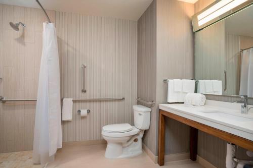 a bathroom with a toilet and a sink and a mirror at Courtyard by Marriott Niagara Falls, USA in Niagara Falls