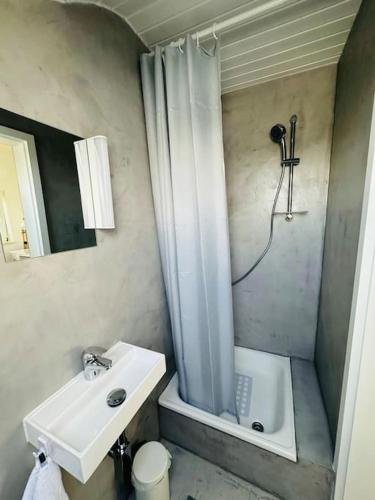 ein Bad mit einem Waschbecken, einer Dusche und einem WC in der Unterkunft appartme. XS in Bad Herrenalb