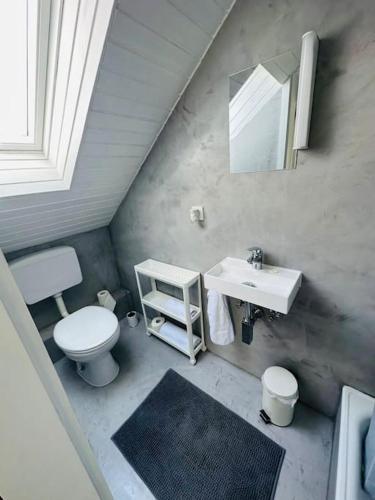 ein Badezimmer mit einem Waschbecken, einem WC und einem Spiegel in der Unterkunft appartme. XS in Bad Herrenalb