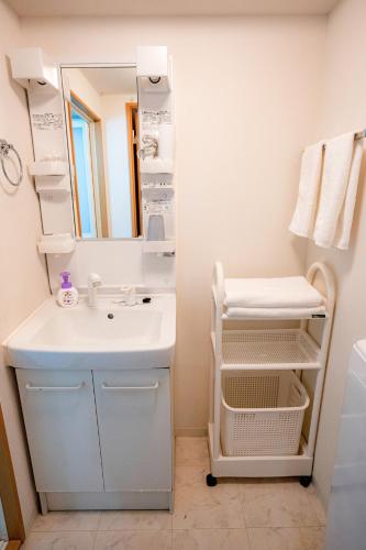 a bathroom with a sink and a mirror at Asakusa Kuramae train 3mins Free WiFi Eight people quiet,cook,perfect facilities in Tokyo