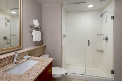 a bathroom with a shower and a sink and a toilet at Residence Inn by Marriott Fairfax City in Fairfax