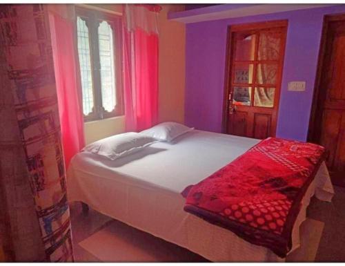 una camera da letto con un letto con pareti e finestre viola di Kalp Palace, Devgram a Chamoli
