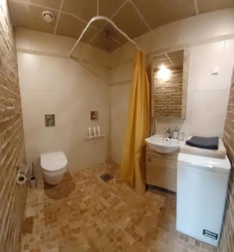 y baño con aseo y lavamanos. en Kesklinna Apartement en Viljandi