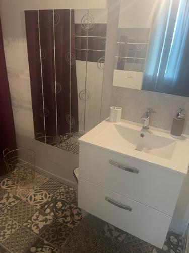 ein Badezimmer mit einem weißen Waschbecken und einem Spiegel in der Unterkunft BARREAU in Libourne