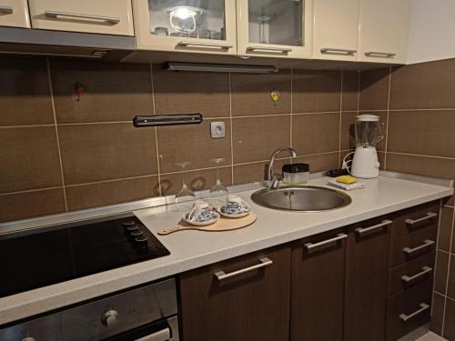 a kitchen with a sink and a counter top at Apartman U2 in Veliko Gradište