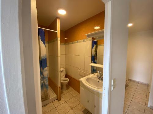 La salle de bains est pourvue de toilettes et d'un lavabo. dans l'établissement Chez k - Studio - Proche Centre - Parking, à Sainte-Savine