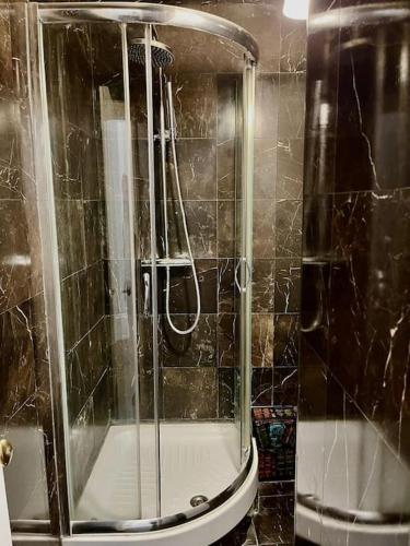 une douche avec une porte vitrée dans une salle de bain dans l'établissement Exclusive Suite Parisian Palace, à Paris
