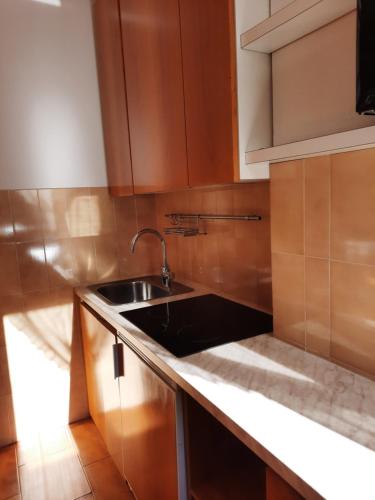 a kitchen with a sink and wooden cabinets at Residence Raffaella in Santa Caterina Valfurva