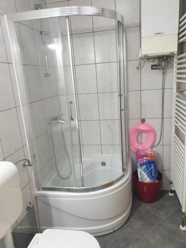 a shower with a glass door in a bathroom at An apartment 65m2-Ljubuški in Ljubuški