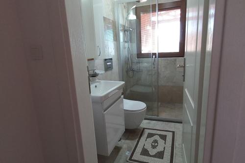 ein Bad mit einem WC, einem Waschbecken und einer Dusche in der Unterkunft Yıldız in Fethiye