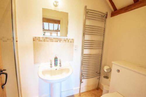 uma casa de banho com um lavatório, um espelho e um WC. em Dairyman's Barn -Rye - Countryside Retreat em Playden