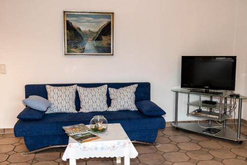 sala de estar con sofá azul y TV en Ferienwohnung Am Berg, Eheleute Müller, en Hilchenbach
